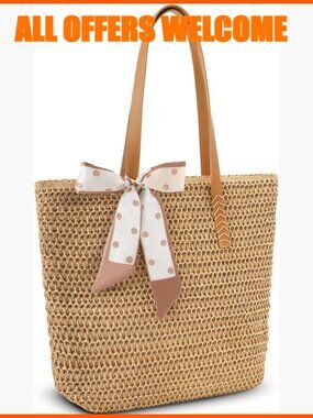 Large Straw Beach Tote Bag with PU Leather Handles and Zipper Closure